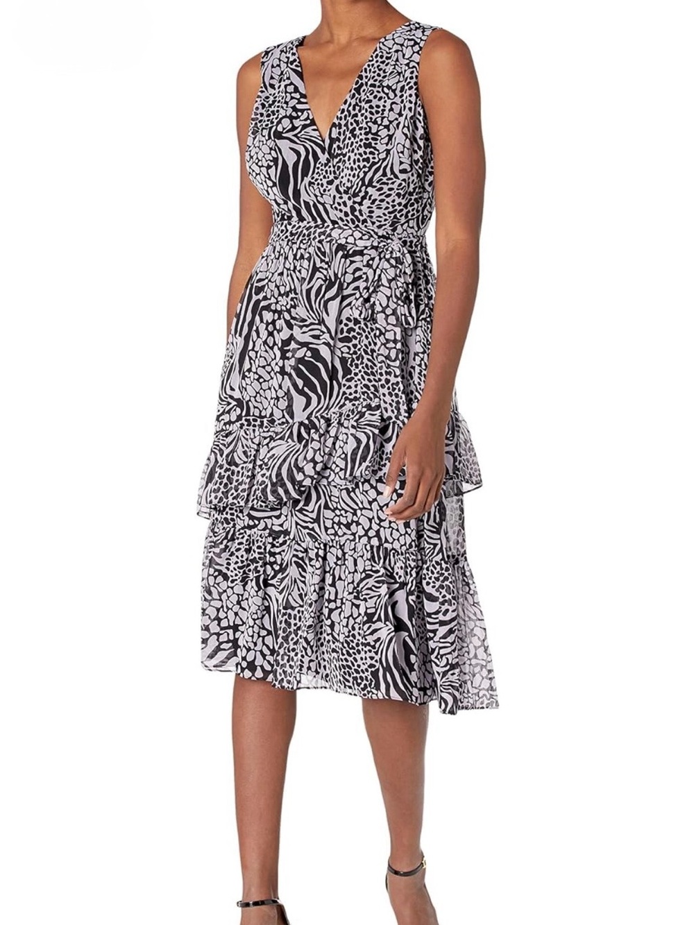 Gabby Skye lilac and black V-neck ruffled Animal Print Midi Dress sz10